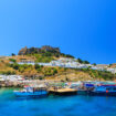Greece.,Rhodes,Island.,The,Town,Of,Lindos,And,Sea,Bay
